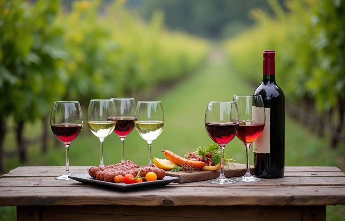 Gläser mit Rot- und Weißwein sowie gegrillte Speisen auf einem Holztisch im Freien.