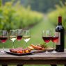Gläser mit Rot- und Weißwein sowie gegrillte Speisen auf einem Holztisch im Freien.