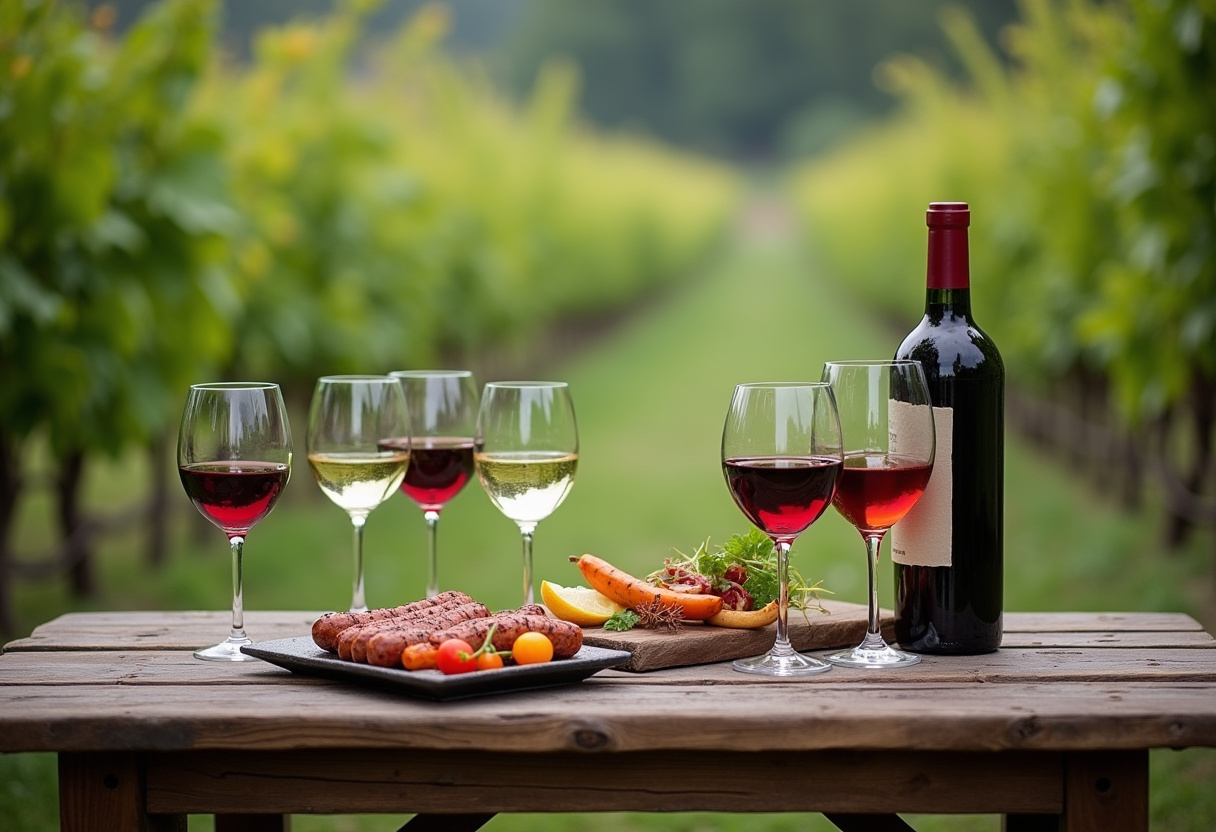 Gläser mit Rot- und Weißwein sowie gegrillte Speisen auf einem Holztisch im Freien.