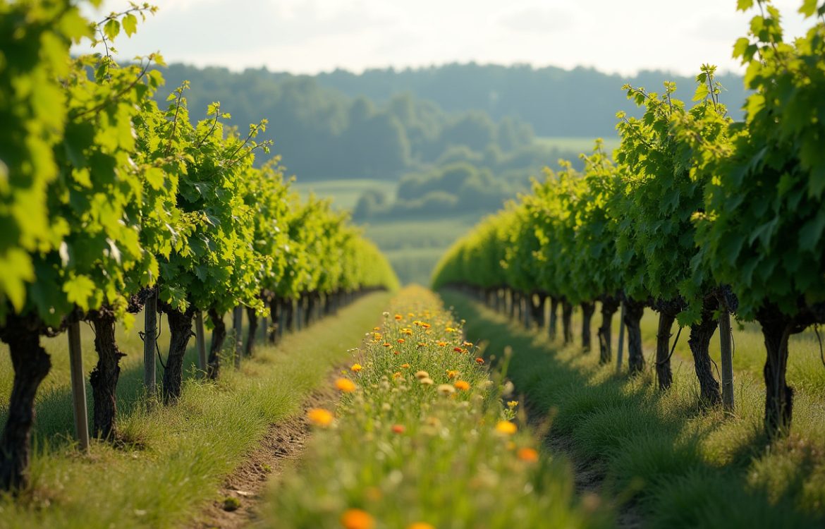Ein organisch-biologisch bewirtschafteter Weinberg mit artenreicher Begrünung zwischen den Rebzeilen