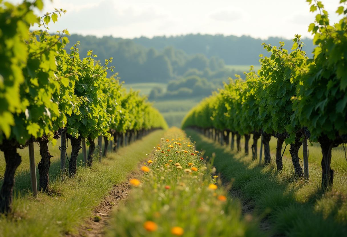 Ein organisch-biologisch bewirtschafteter Weinberg mit artenreicher Begrünung zwischen den Rebzeilen