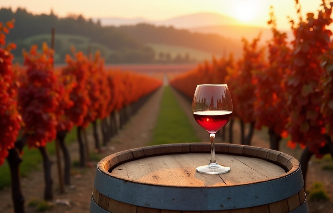 Rotweinreben in einem pfälzischen Weinberg mit sandigem Boden und einem Glas Rotwein im Vordergrund.