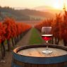 Rotweinreben in einem pfälzischen Weinberg mit sandigem Boden und einem Glas Rotwein im Vordergrund.