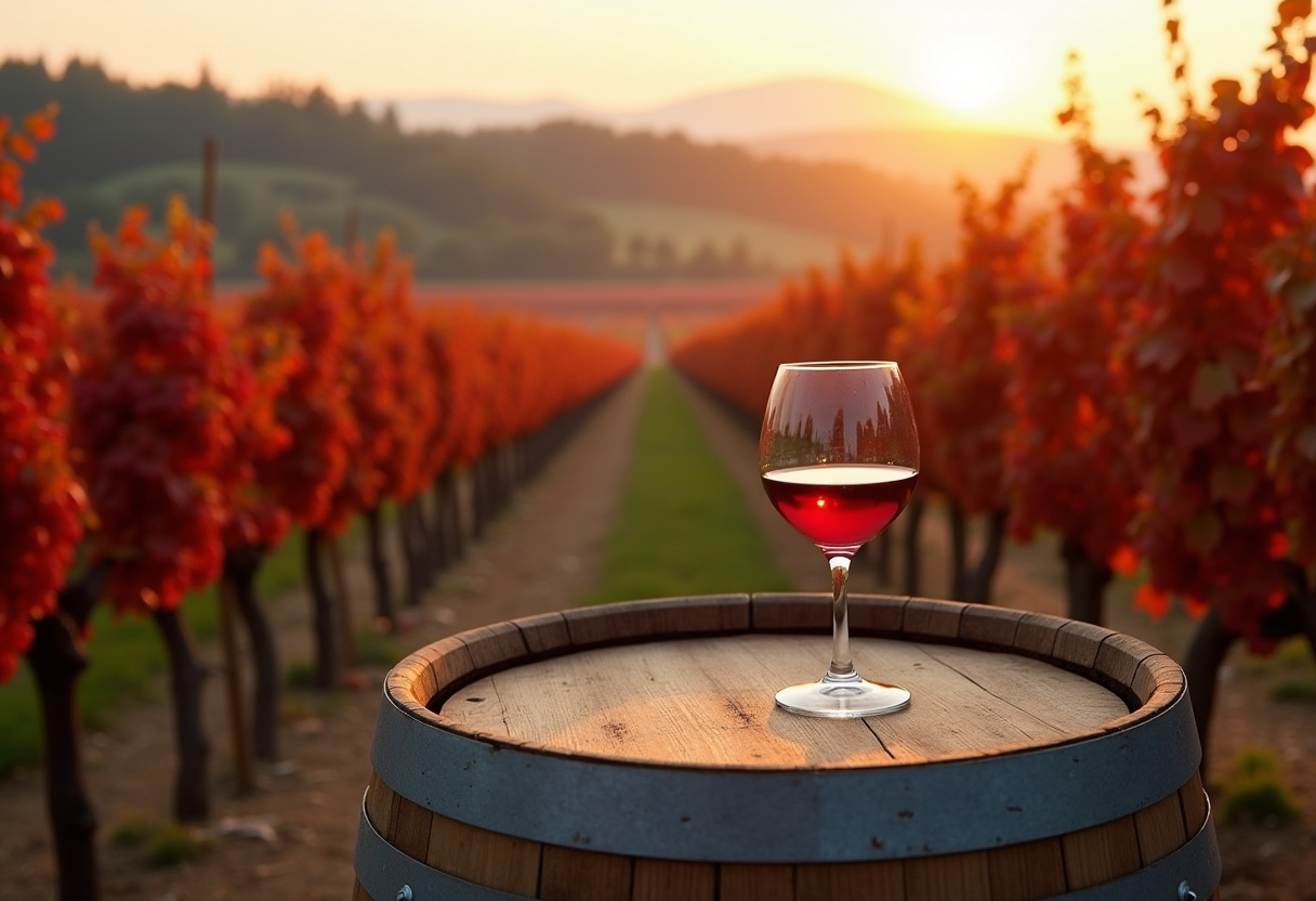 Rotweinreben in einem pfälzischen Weinberg mit sandigem Boden und einem Glas Rotwein im Vordergrund.